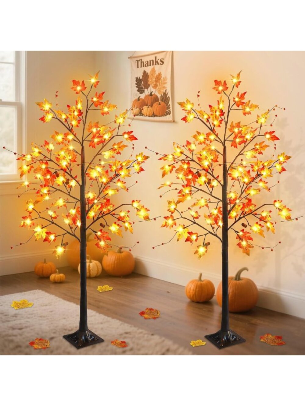 2 Pack 5FT LED Lighted Maple Trees - Fall Harvest & Halloween Home Decor